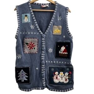 Holiday Editions Womens Blue Ugly‎ Christmas Sweater Vest Snowman Santa Large